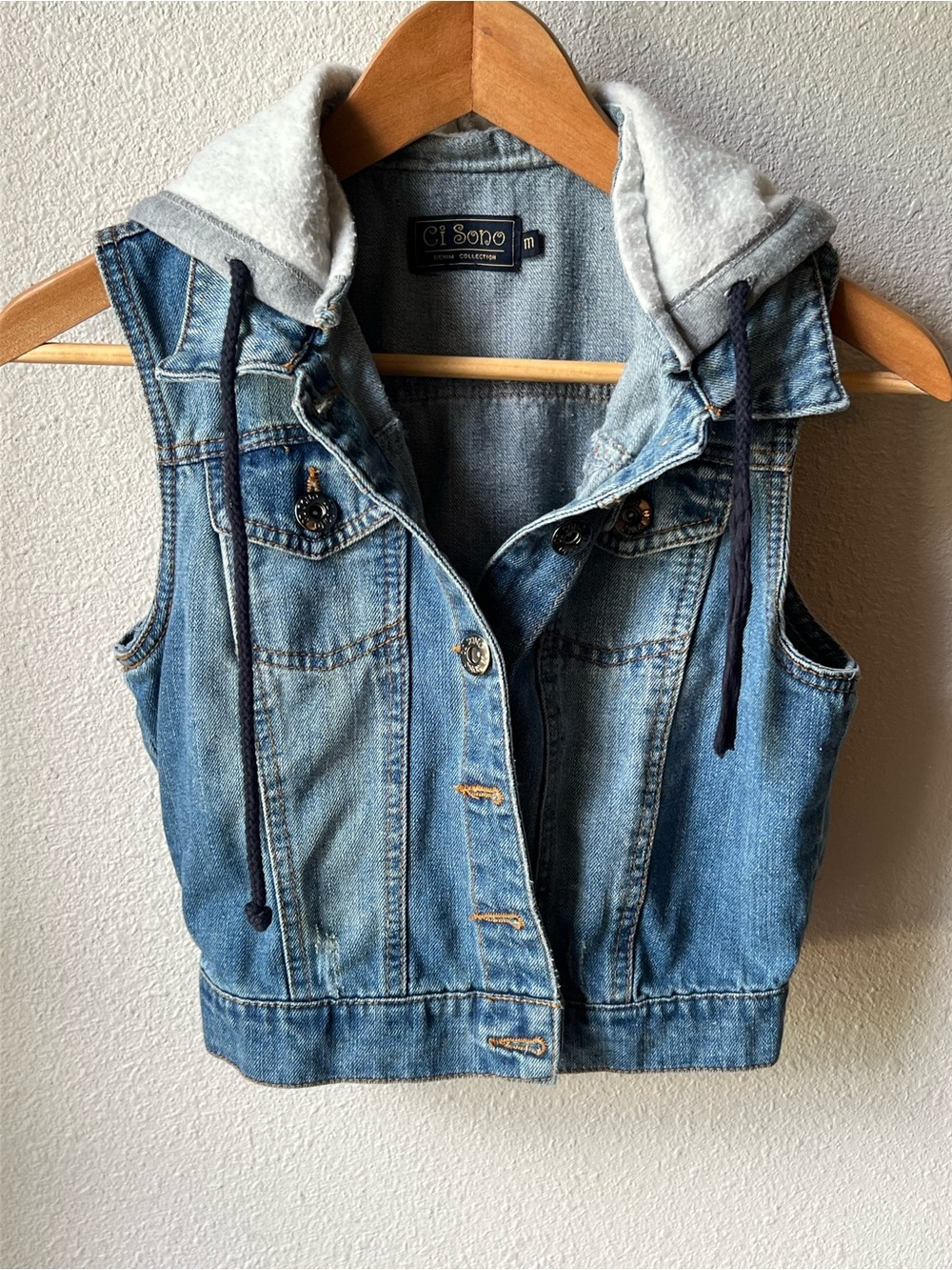 Ci Sono Light Blue Denim Vest with Gray Sherpa Hood and Navy Drawstrings